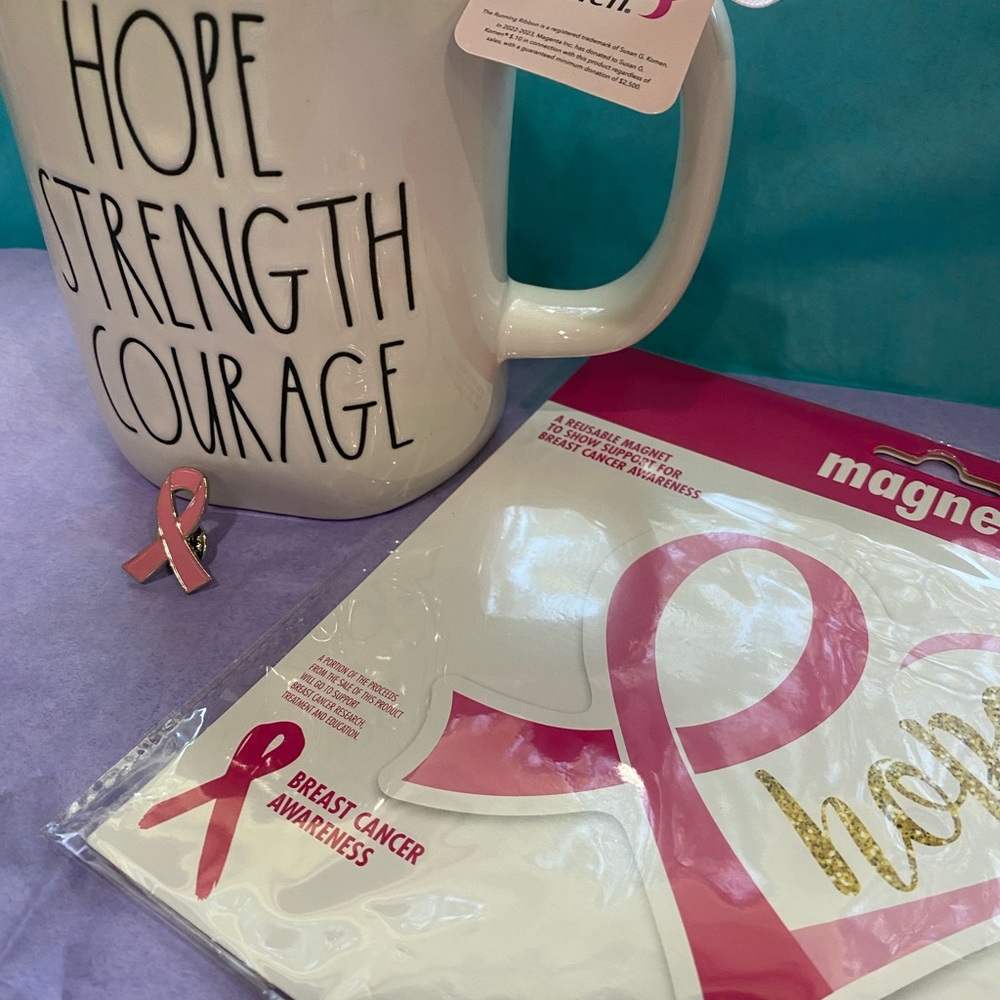 Rae Dunn HOPE STRENGTH COURAGE  mug with breast cancer magnet and lapel pin
